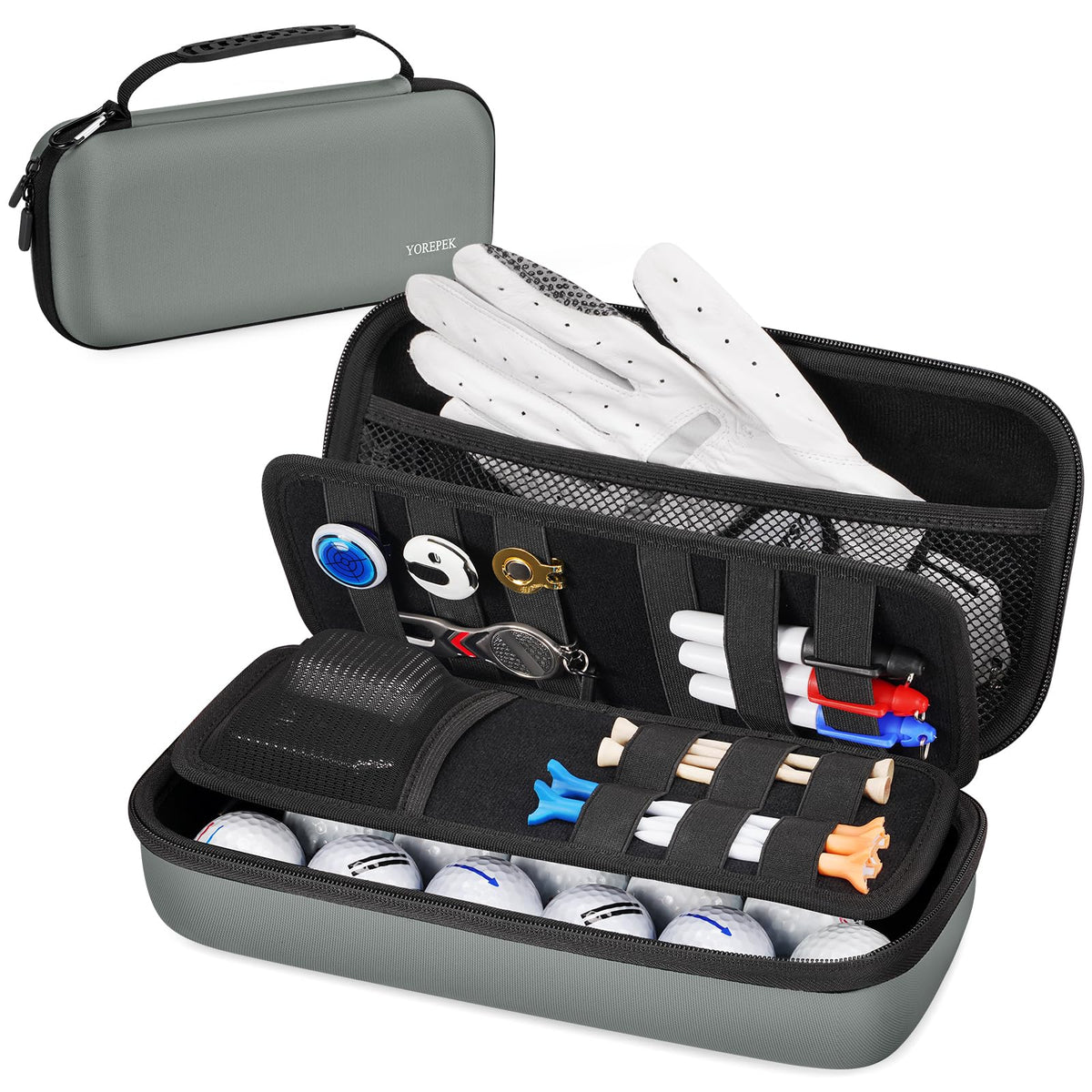 YOREPEK Golf Glove Organizer Case with Accessory Dividers - Grey
