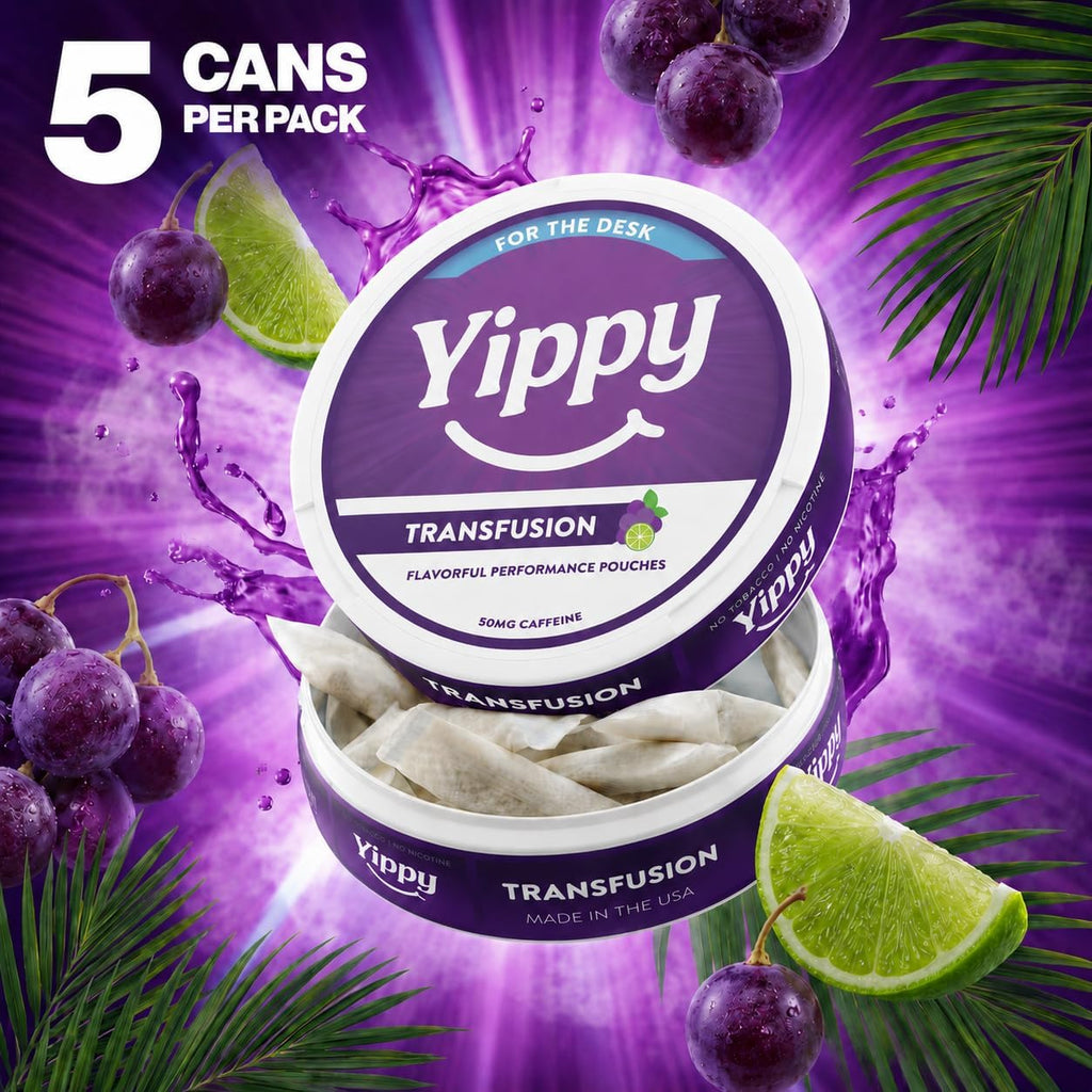 Yippy for the Desk Nootropic Pouches - Transfusion Flavor - Clean Energy Focus Pouches with Caffeine, L-Theanine, L-Tyrosine & Rhodiola - No Nicotine, No Tobacco - 5 Pack