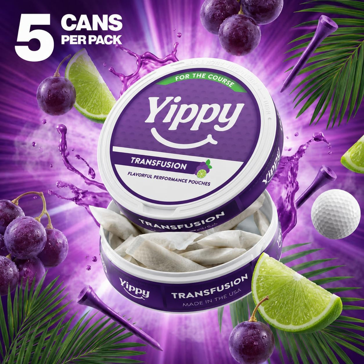 Yippy for the Course Nootropic Pouches - Caffeine-Free Golf Focus Pouches with L-Theanine, L-Tyrosine, Rhodiola & Ashwagandha - No Nicotine, No Tobacco - 5 Pack (Transfusion)