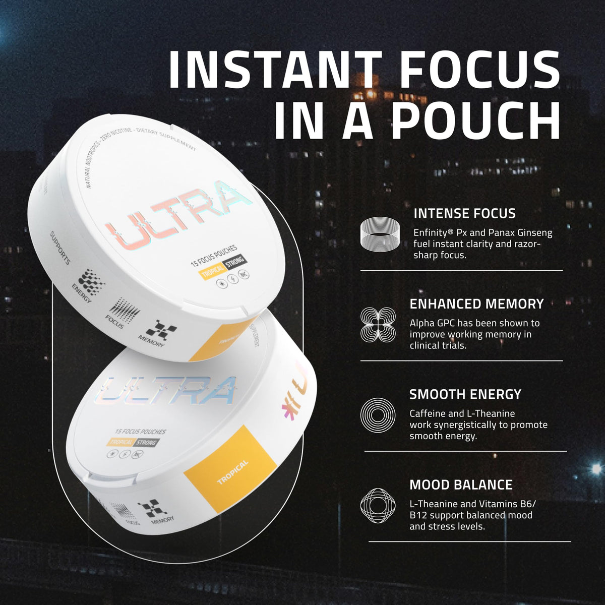 Ultra Focus Pouches (Variety Pack, 3 Cans) Nicotine and Caffeine Free