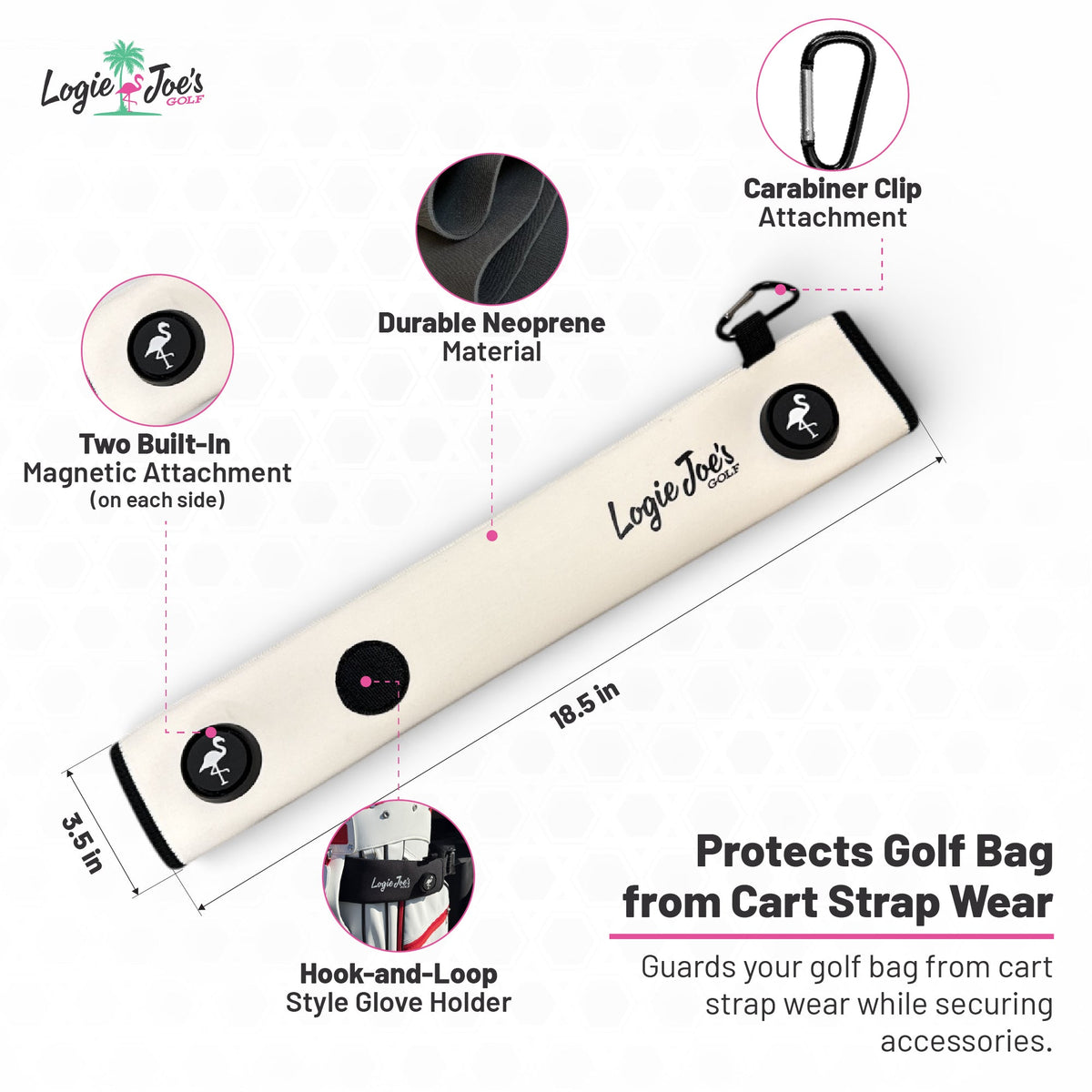 White Magnetic Golf Cart Strap Sleeve | Neoprene Rubber | Dual Accessory Magnets | Glove Holder | Carabiner Bag Attachment | 18.5 x 3.5 in | White