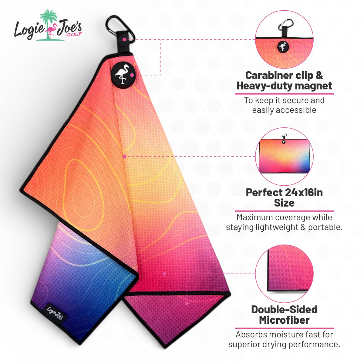 Electric Mirage Golf Towel | 24” x 16” Microfiber Towel | Magnetic Clip & Carabiner | Premium Golf Accessory